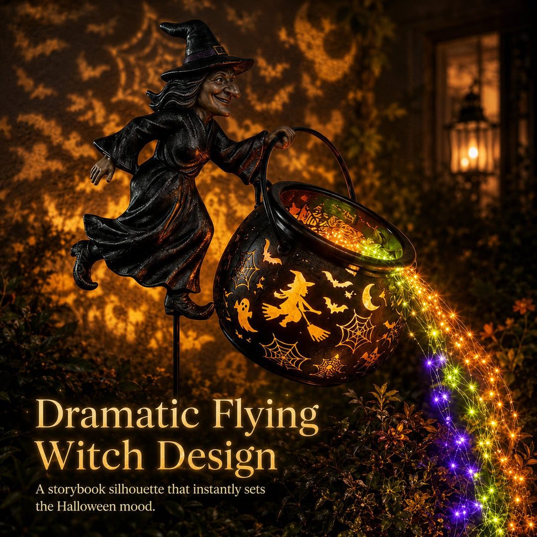 Halloween Hexenkessel-Gartenlampe mit buntem Leuchten und gruseligen Projektionen