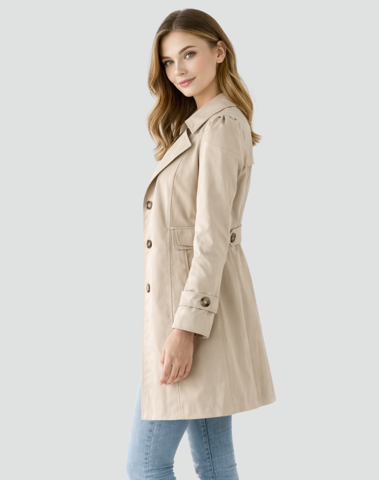 Taillierter Damen-Trenchcoat mit klassischem Revers, mittellang