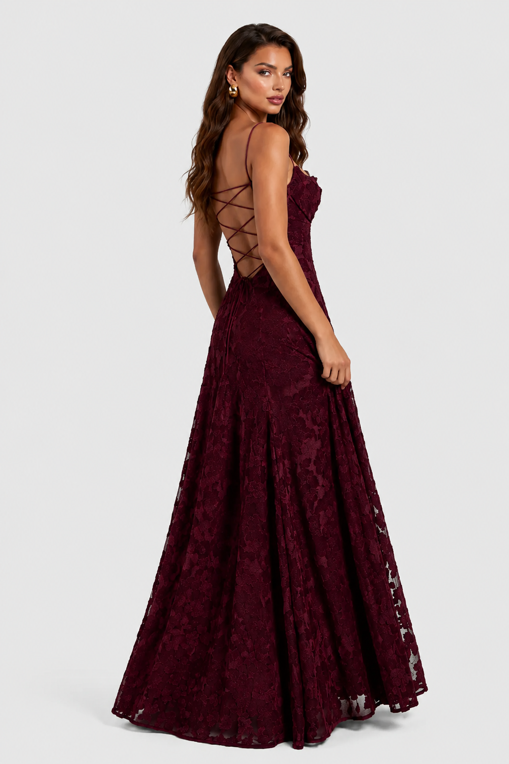 Erhöhtes 3D Blumen-Spitzen A-Linie Midi-Maxi-Kleid mit Drapiertem Ausschnitt