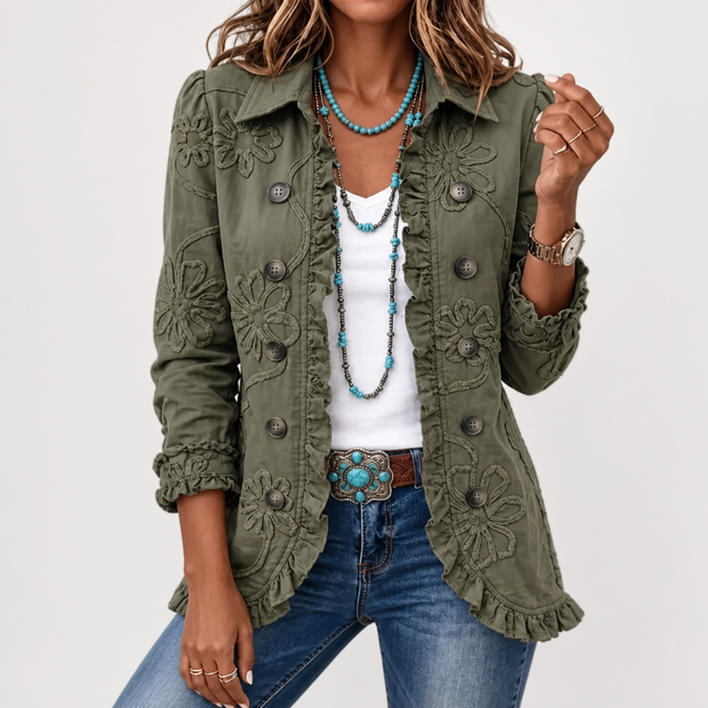 Blumenbestickte Utility-Jacke – Vintage-Boho-Stil mit Rüschenbesatz