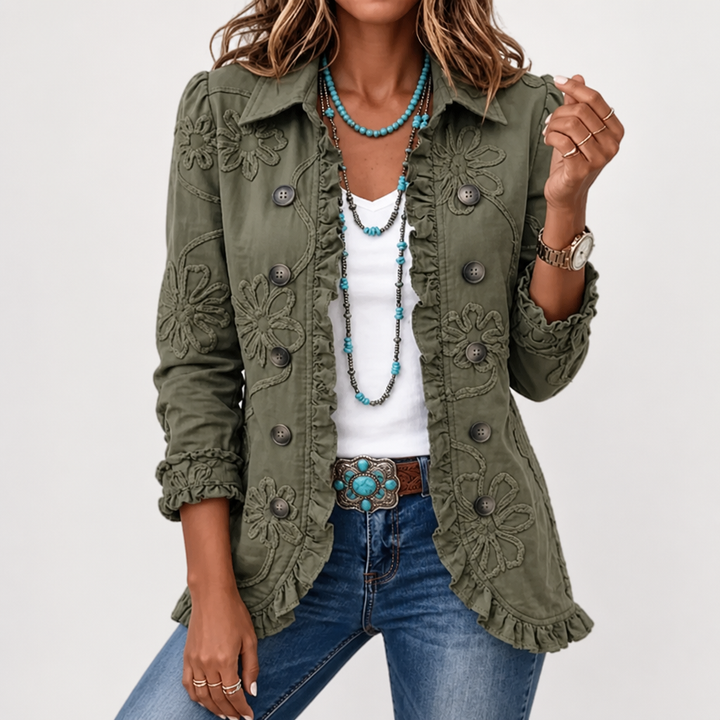 Blumenbestickte Utility-Jacke – Vintage-Boho-Stil mit Rüschenbesatz