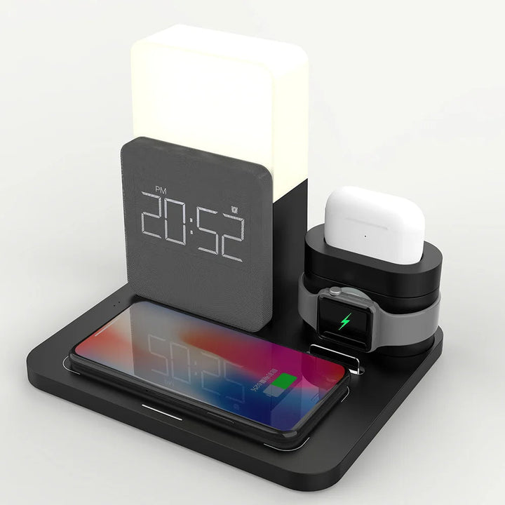 Multifunktionale Kabellose Ladestation – Mit Lampe und Wecker