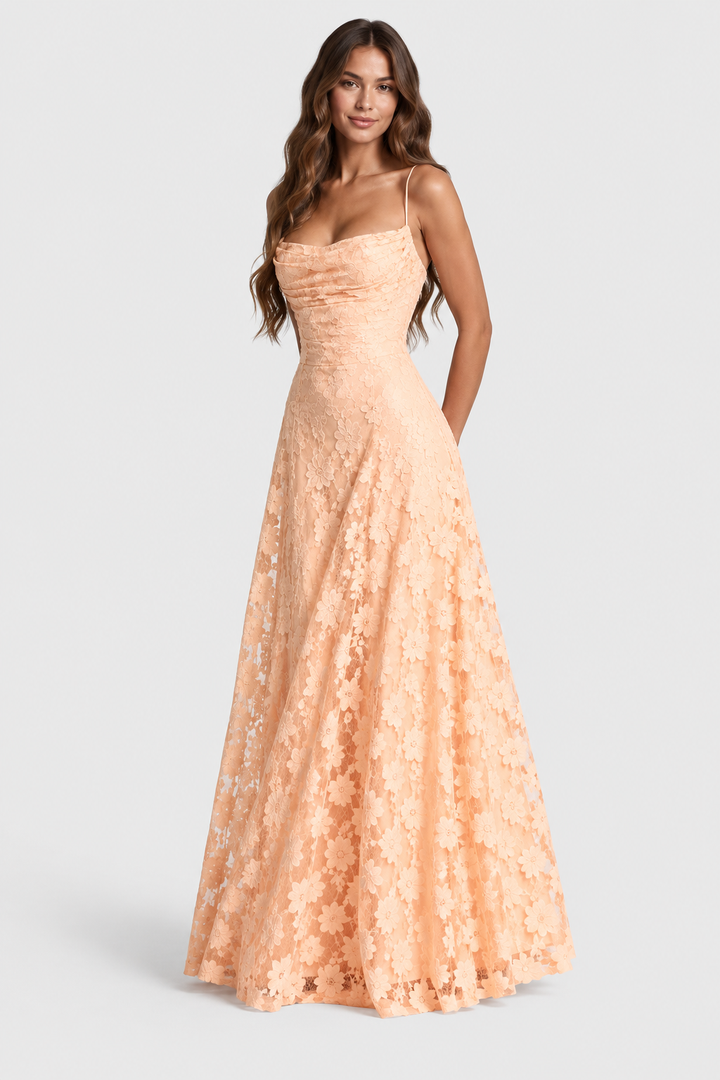 Erhöhtes 3D-Blumen-Spitzen A-Linien Midi-Maxi-Kleid mit drapiertem Ausschnitt