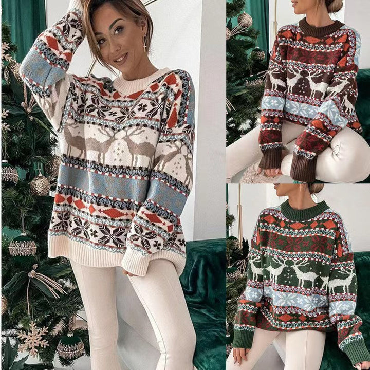 Weihnachtspullover für Damen mit Jacquardmuster und Rundhals, locker geschnitten