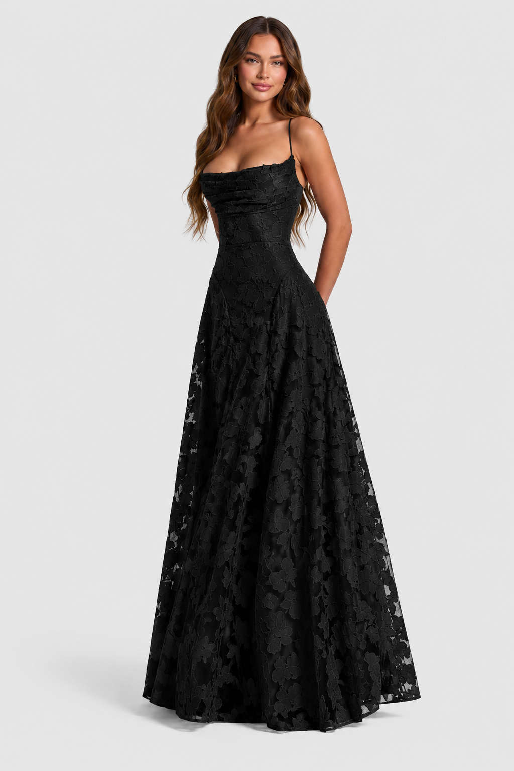 Erhöhtes 3D-Blumen-Spitzen A-Linien Midi-Maxi-Kleid mit drapiertem Ausschnitt