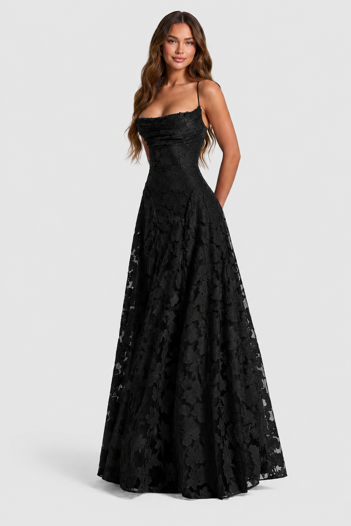 Erhöhtes 3D Blumen-Spitzen A-Linie Midi-Maxi-Kleid mit Drapiertem Ausschnitt