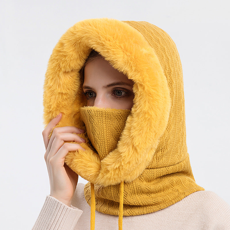 Plüsch-Kapuzenmütze mit Schal für Damen – warm und winddicht