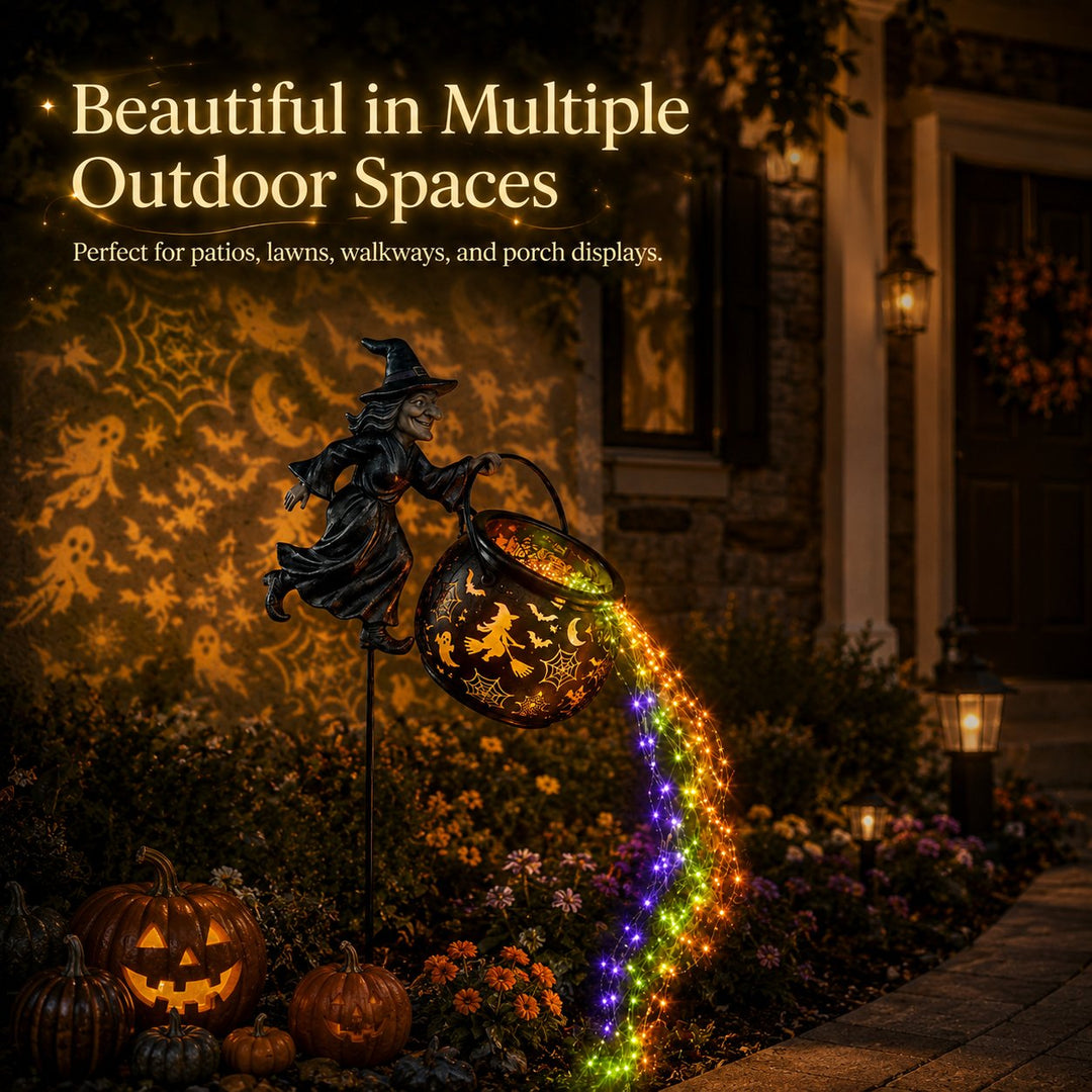 Halloween Hexenkessel-Gartenlampe mit buntem Leuchten und gruseligen Projektionen