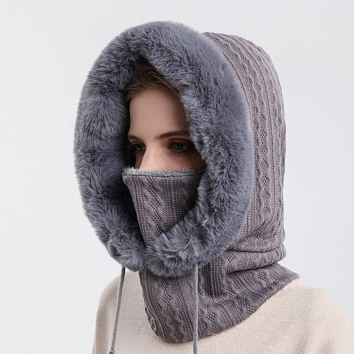 Plüsch-Kapuzenmütze mit Schal für Damen – warm und winddicht