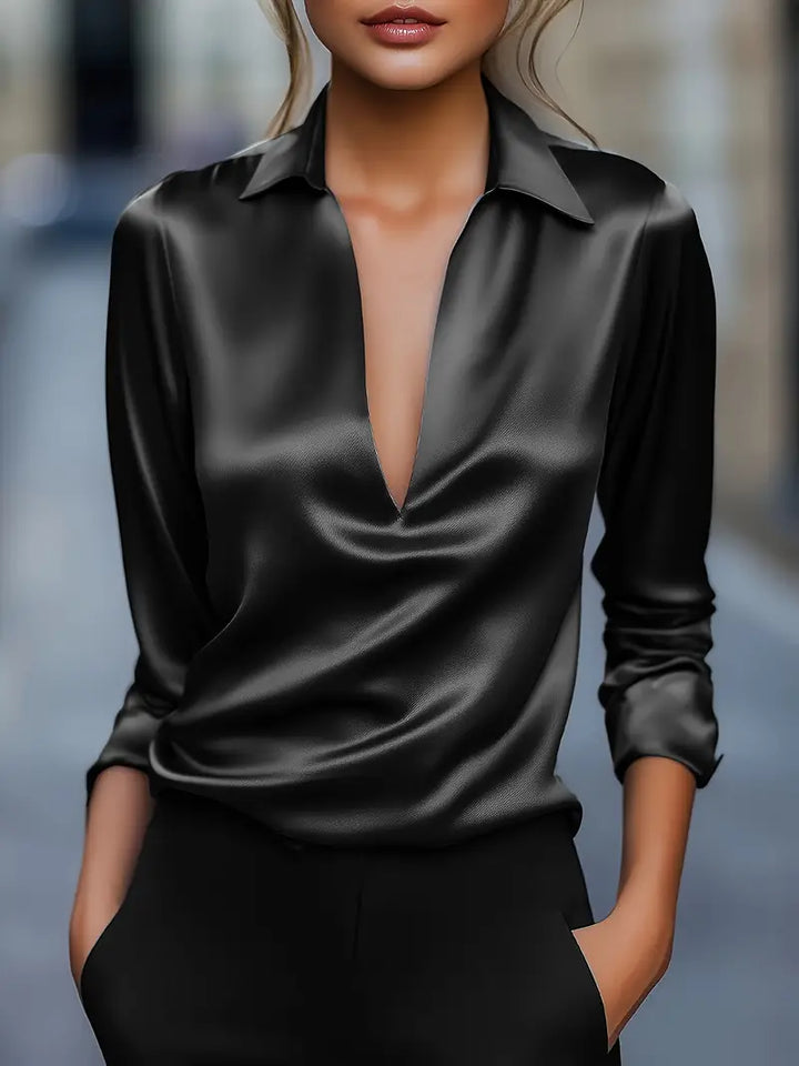 Damen-Satinbluse mit V-Ausschnitt und drapiertem Kragen