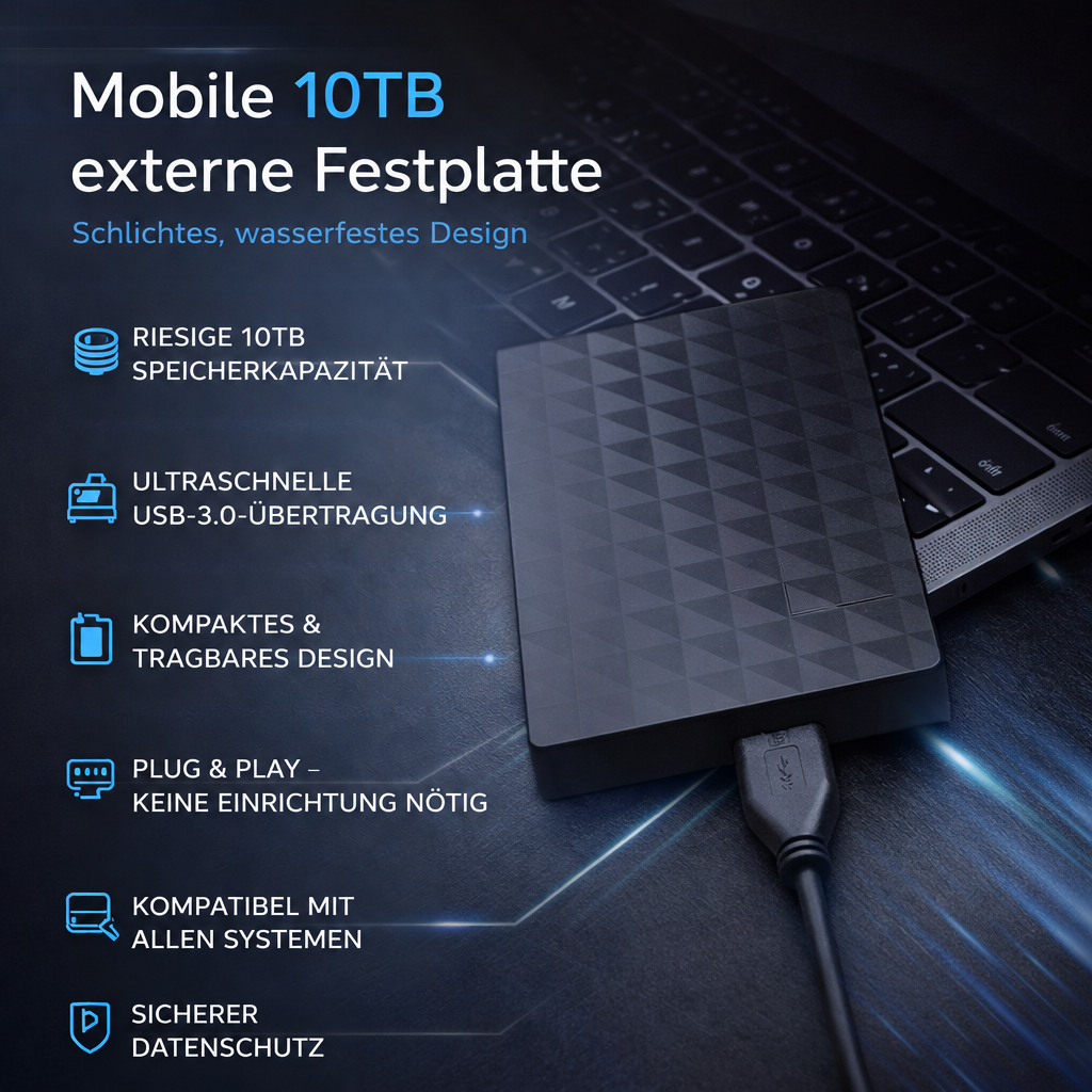 10TB Tragbare externe Festplatte, USB 3.0 Plug-and-Play-Speicher für Backups