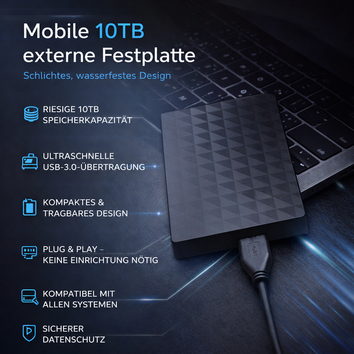 10TB Tragbare externe Festplatte, USB 3.0 Plug-and-Play-Speicher für Backups