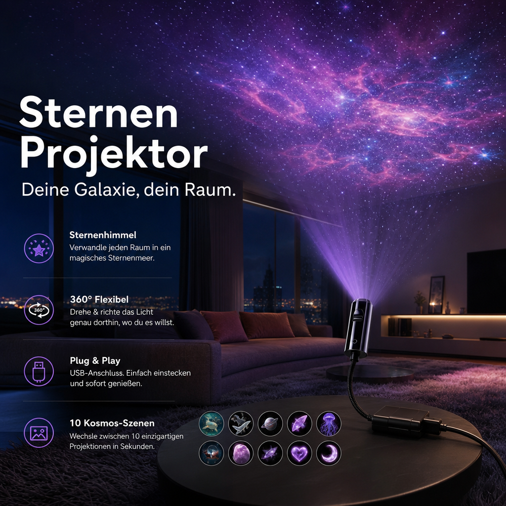 LED Galaxie Sternenprojektor mit 10 Folien und flexiblem USB-Arm
