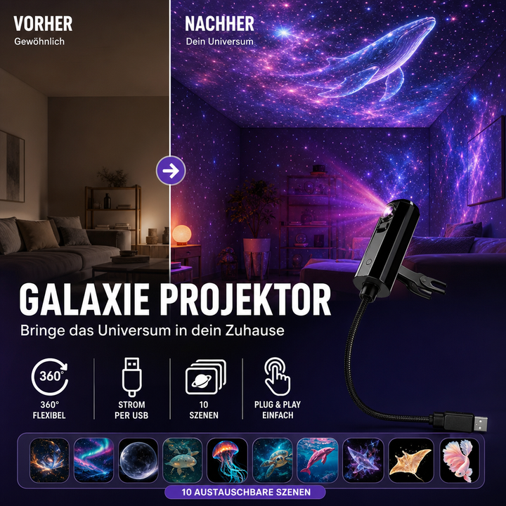 LED Galaxie Sternenprojektor mit 10 Folien und flexiblem USB-Arm