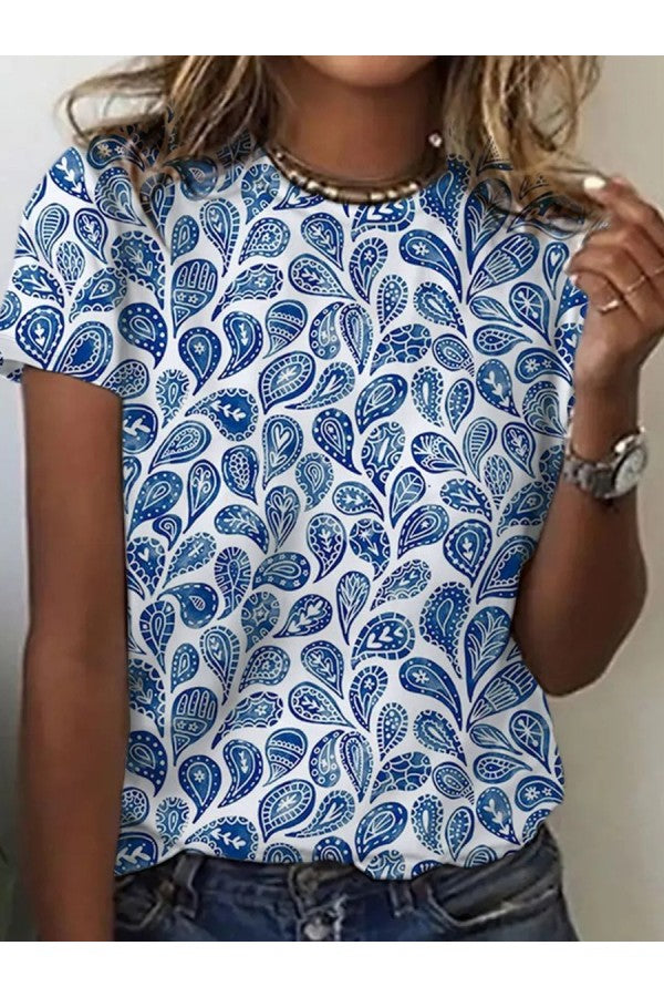 Blaues T-Shirt mit Aufdruck, Rundhalsausschnitt und kurzen Ärmeln für Damen