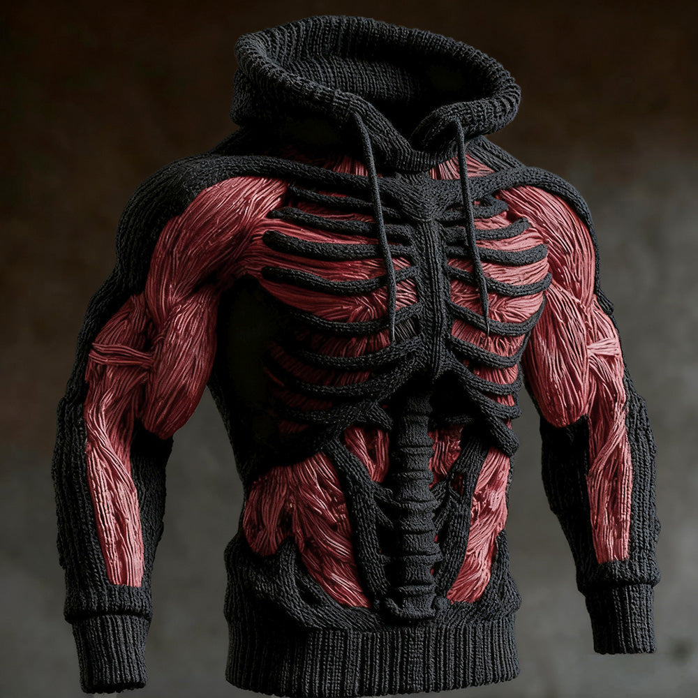 Herren-Halloween-Strickhoodie mit 3D-Skelett-Design, Langarm