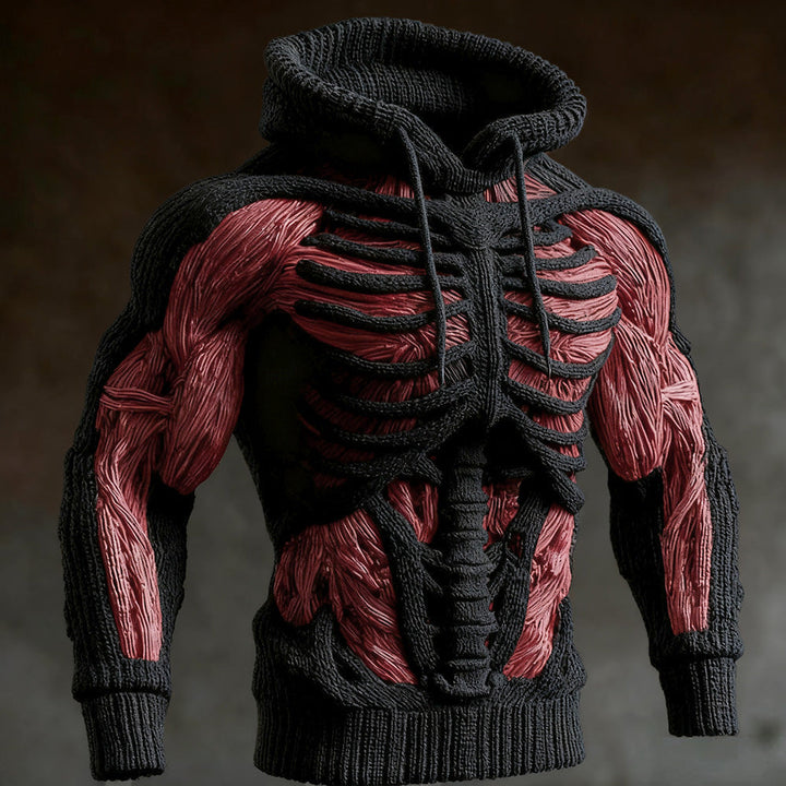Herren-Halloween-Strickhoodie mit 3D-Skelett-Design, Langarm