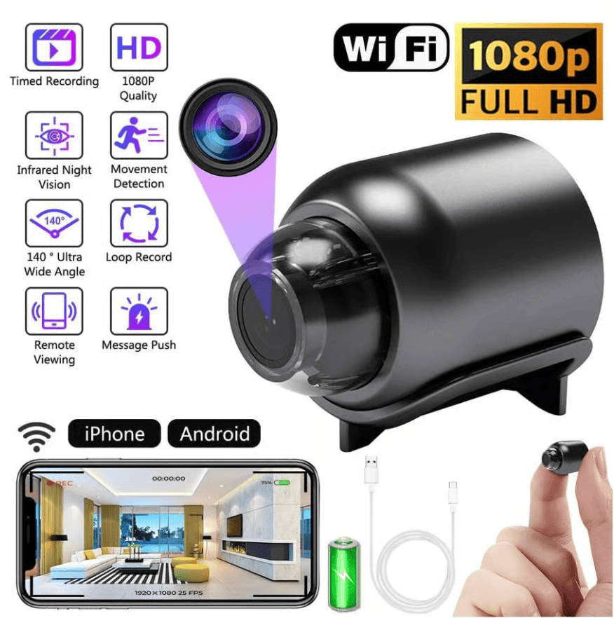 Mini 1080P HD WiFi-Sicherheitskamera – zeichnet Video und Audio auf.