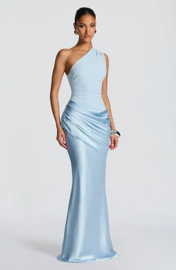 Sidonie einseitig geschultertes, drapiertes Maxikleid aus Satin