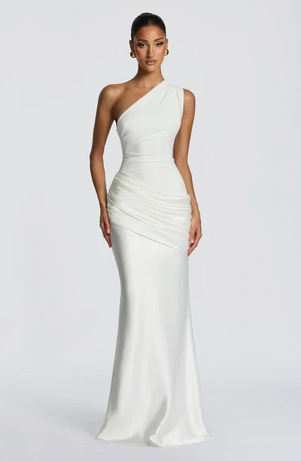 Sidonie einseitig geschultertes, drapiertes Maxikleid aus Satin