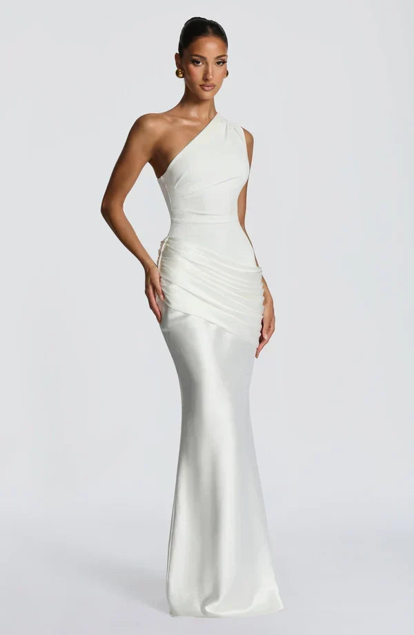 Sidonie einseitig geschultertes, drapiertes Maxikleid aus Satin