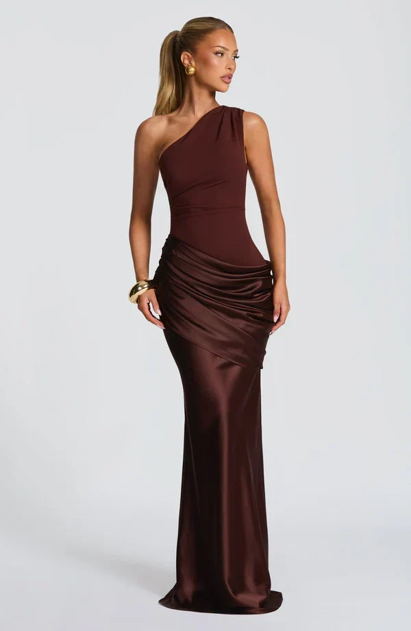 Sidonie einseitig geschultertes, drapiertes Maxikleid aus Satin