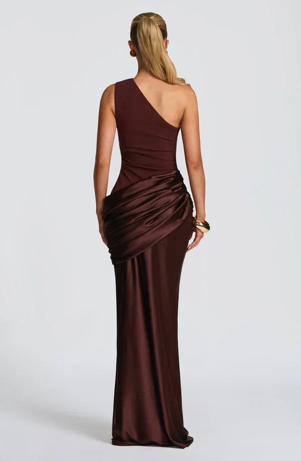 Sidonie einseitig geschultertes, drapiertes Maxikleid aus Satin