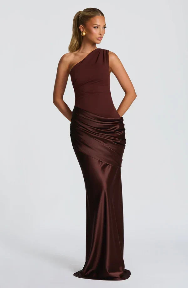 Sidonie einseitig geschultertes, drapiertes Maxikleid aus Satin