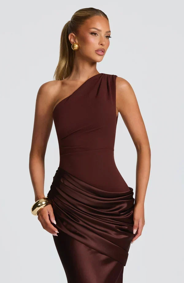Sidonie einseitig geschultertes, drapiertes Maxikleid aus Satin