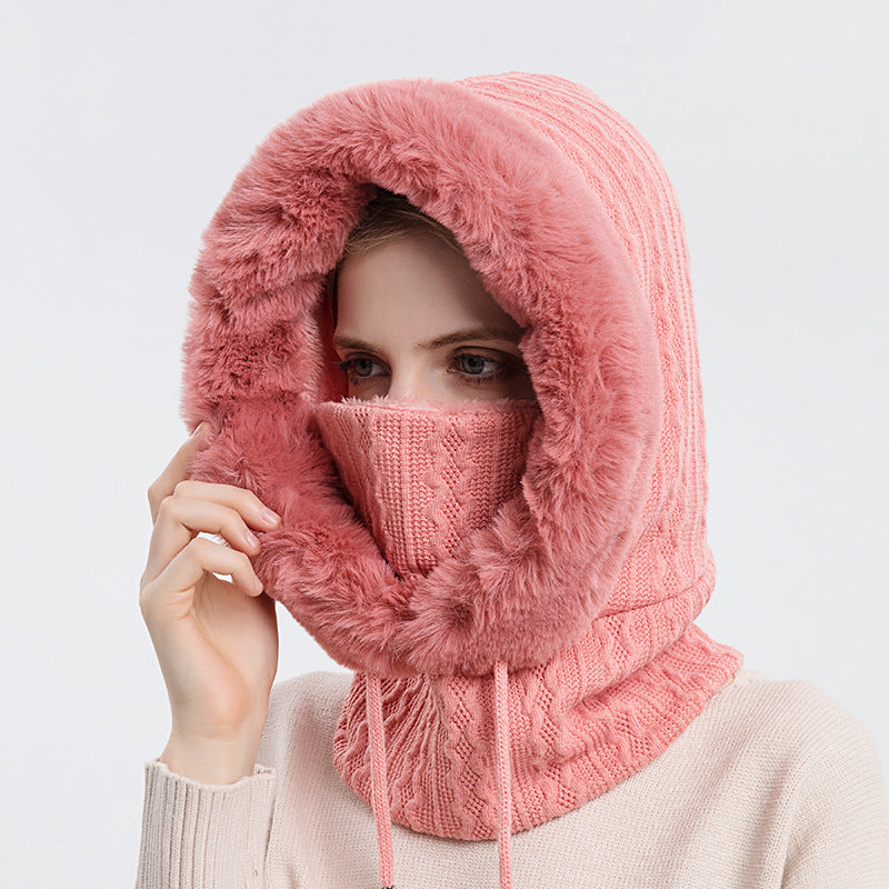 Plüsch-Kapuzenmütze mit Schal für Damen – warm und winddicht