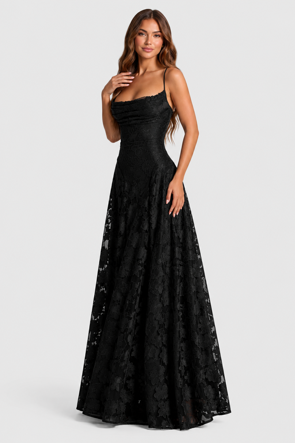 Erhöhtes 3D-Blumen-Spitzen A-Linien Midi-Maxi-Kleid mit drapiertem Ausschnitt