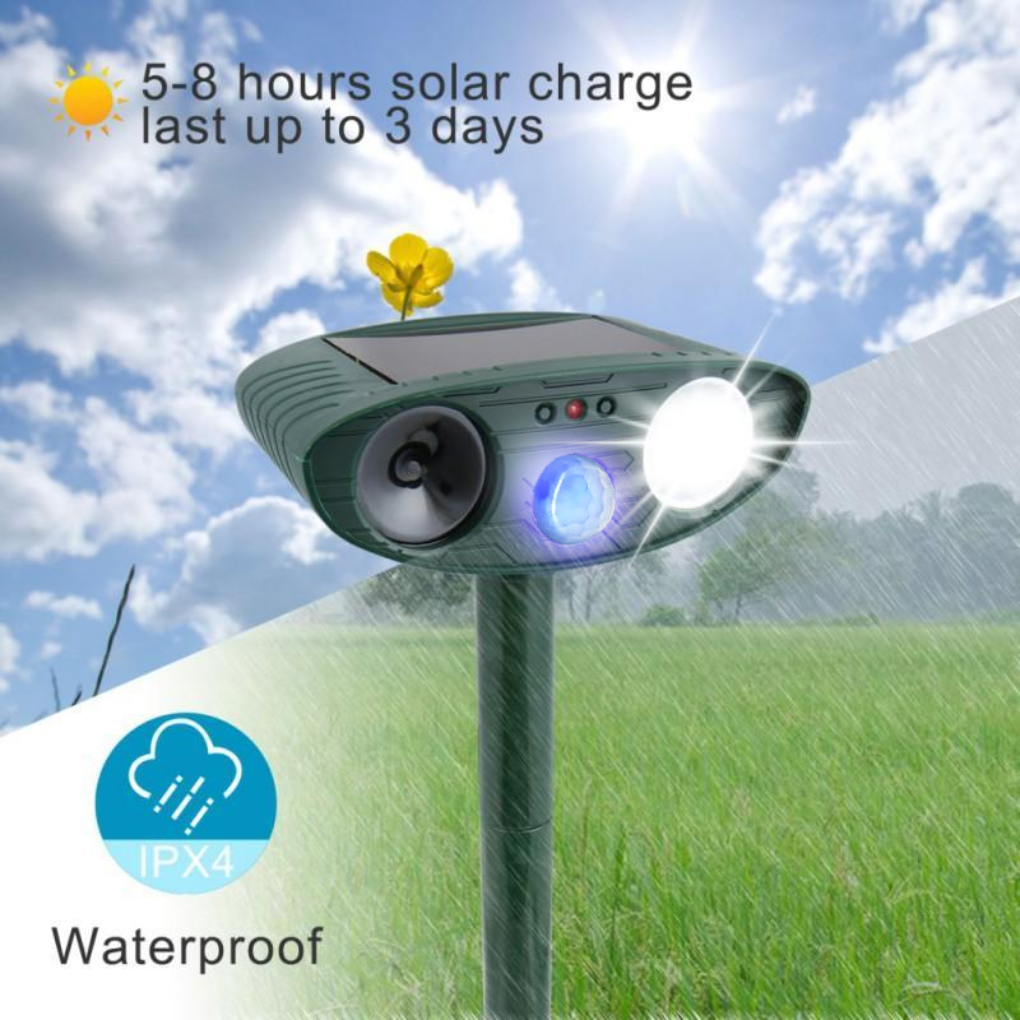Bewegungsaktivierter solarbetriebener Ultraschall-Tiervertreiber