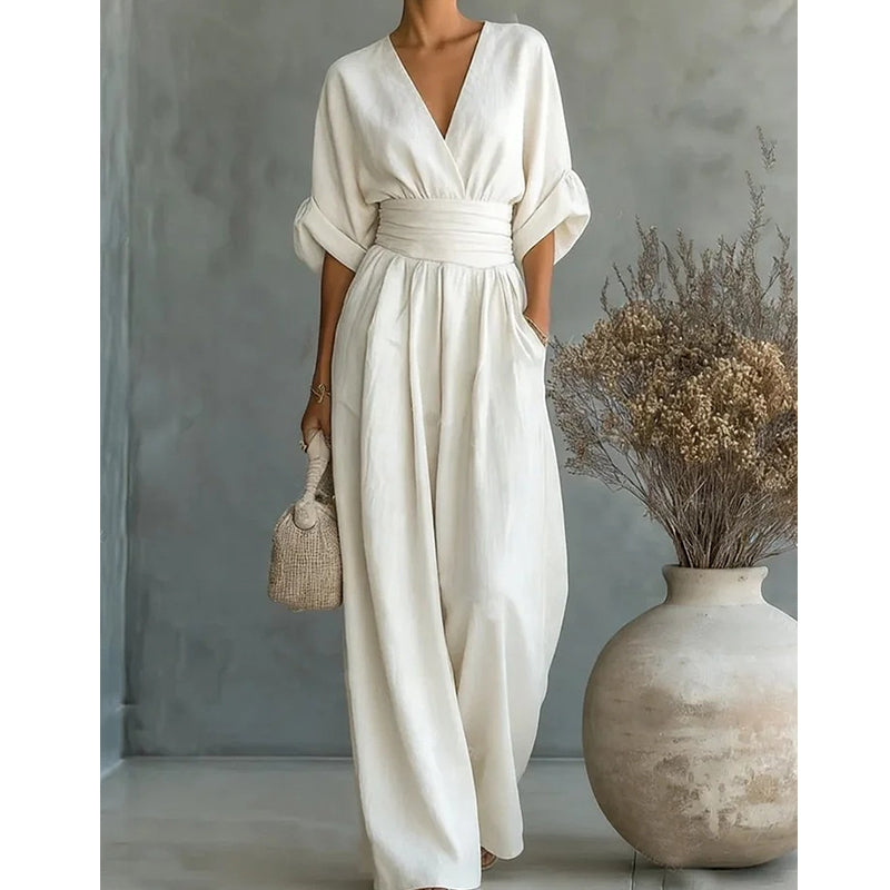 Eleganter Damen-Jumpsuit mit weitem Bein, V-Ausschnitt und fließendem Schnitt