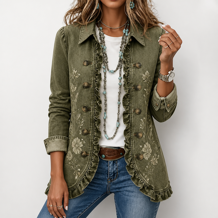 Blumenbestickte Utility-Jacke – Vintage-Boho-Stil mit Rüschenbesatz