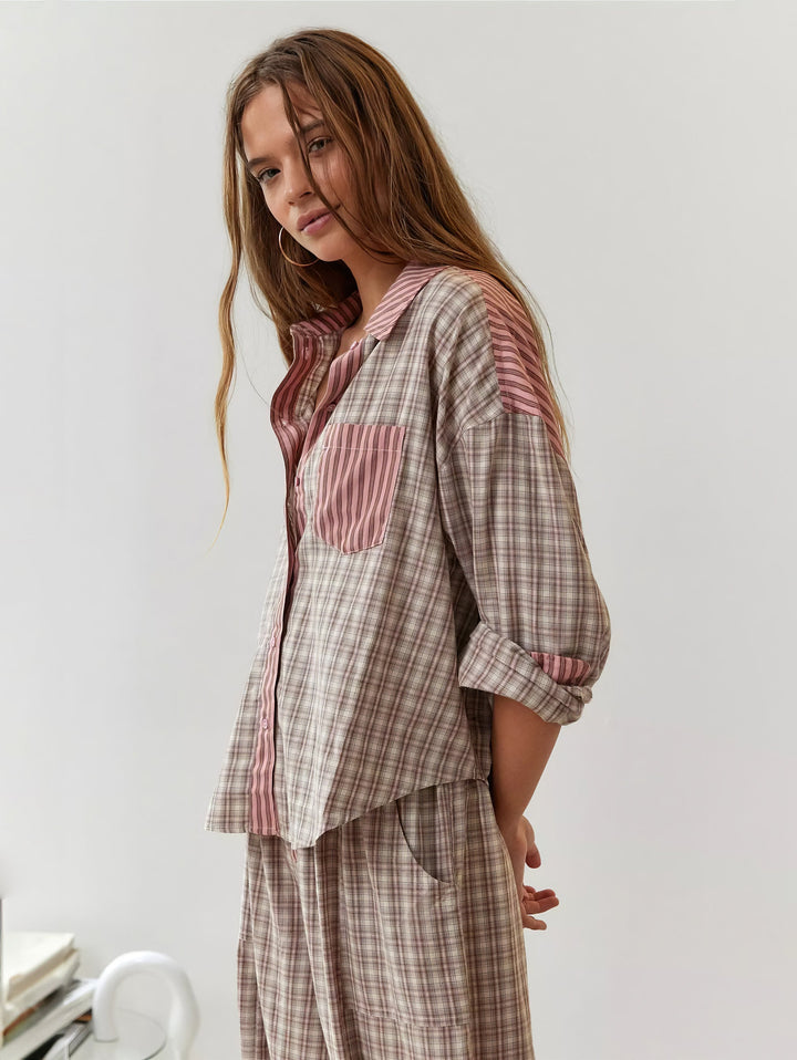 Damen Pyjama-Set mit Hemd mit Knöpfen und Hose mit elastischem Bund