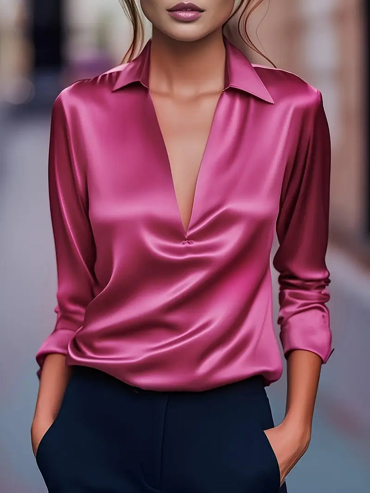 Damen-Satinbluse mit V-Ausschnitt und drapiertem Kragen