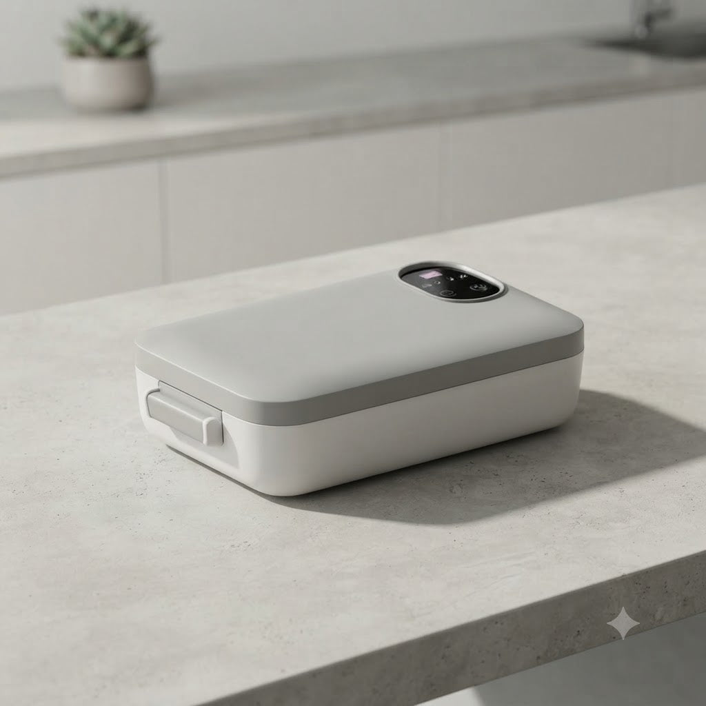 Kabellose, selbstheizende elektrische Lunchbox mit Edelstahleinsatz.