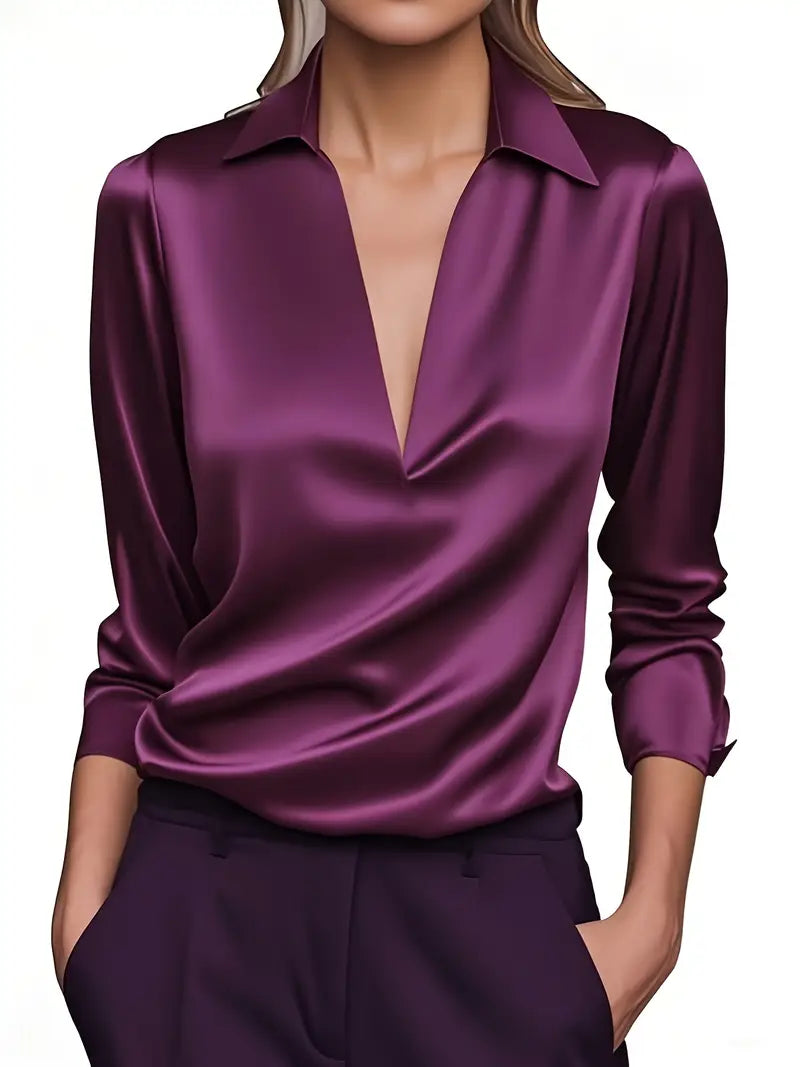 Damen-Satinbluse mit V-Ausschnitt und drapiertem Kragen
