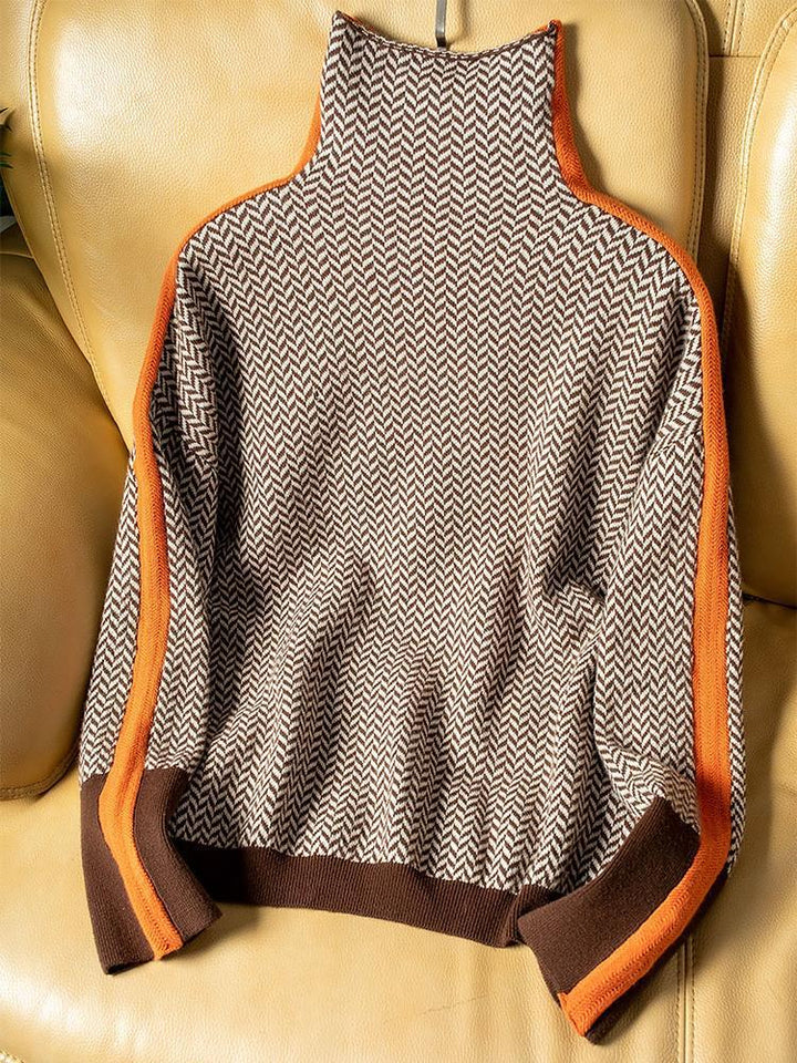 Damenpullover mit Stehkragen und auffälligen Kontraststreifen