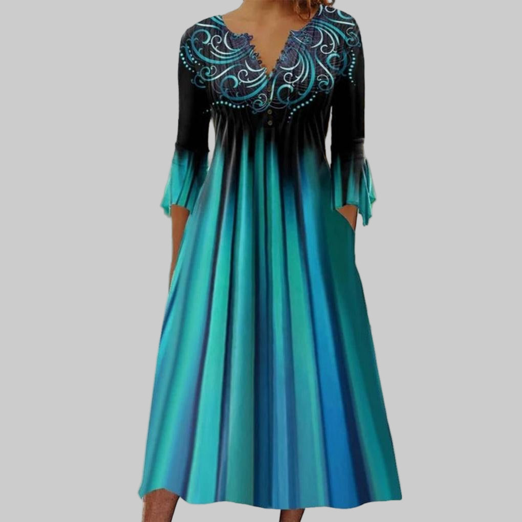 Grünes Kleid mit V-Ausschnitt, Ombré-Streifen und 3/4-Ärmeln