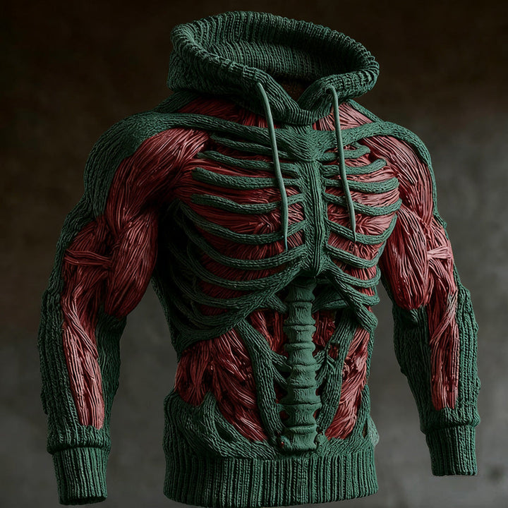 Herren-Halloween-Strickhoodie mit 3D-Skelett-Design, Langarm