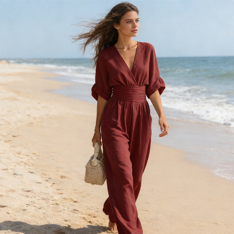 Eleganter Damen-Jumpsuit mit weitem Bein, V-Ausschnitt und fließendem Schnitt