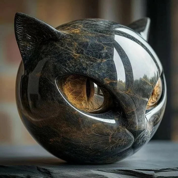 NoirCat Skulptur – Schwarzer Katzenkopf mit Hypnotischen Augen