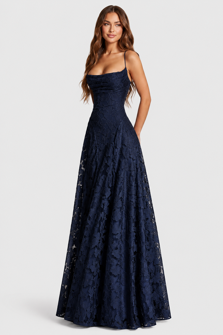 Erhöhtes 3D-Blumen-Spitzen A-Linien Midi-Maxi-Kleid mit drapiertem Ausschnitt