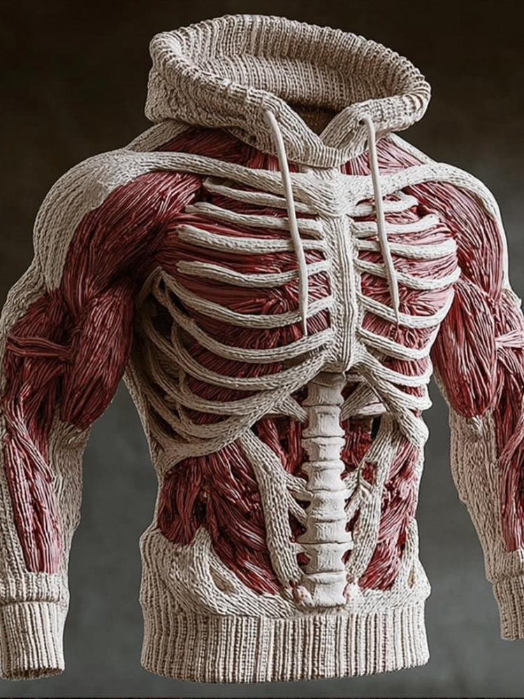 Herren-Halloween-Strickhoodie mit 3D-Skelett-Design, Langarm