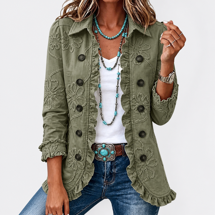 Blumenbestickte Utility-Jacke – Vintage-Boho-Stil mit Rüschenbesatz