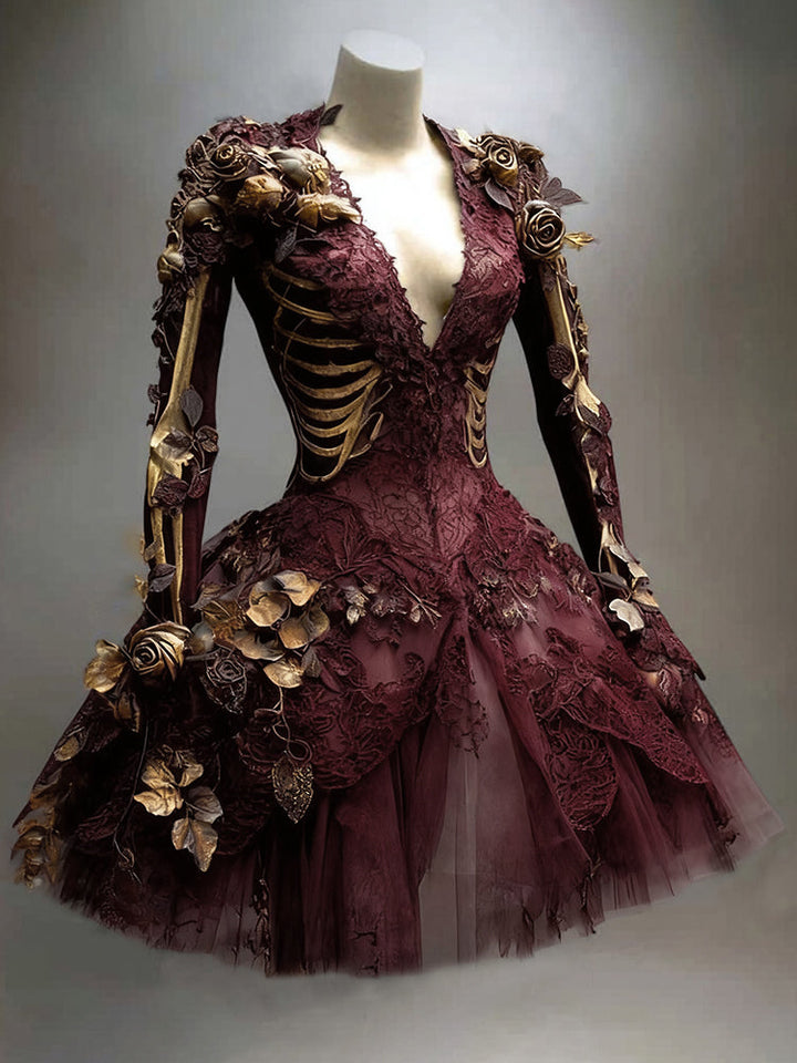 Damen Gothic Skelett Langarm Minikleid für Halloween