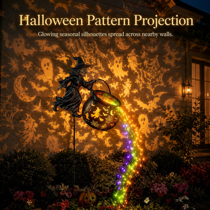Halloween Hexenkessel-Gartenlampe mit buntem Leuchten und gruseligen Projektionen
