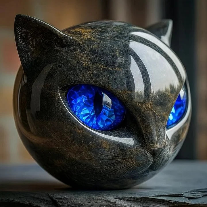 NoirCat Skulptur – Schwarzer Katzenkopf mit Hypnotischen Augen