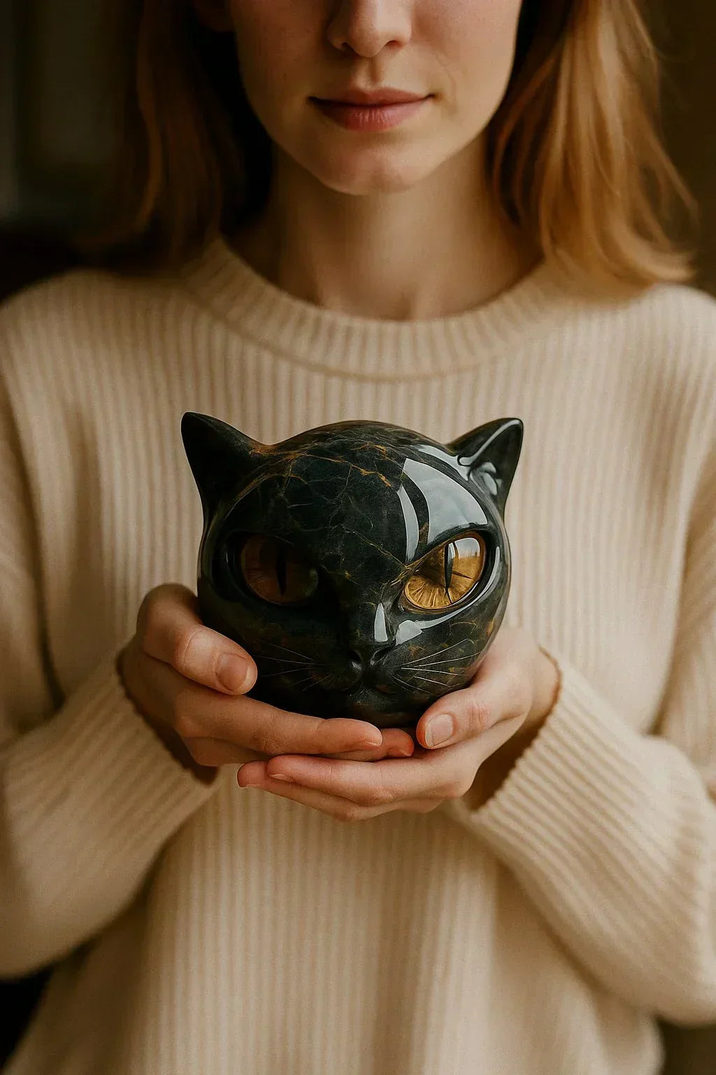 NoirCat Skulptur – Schwarzer Katzenkopf mit Hypnotischen Augen